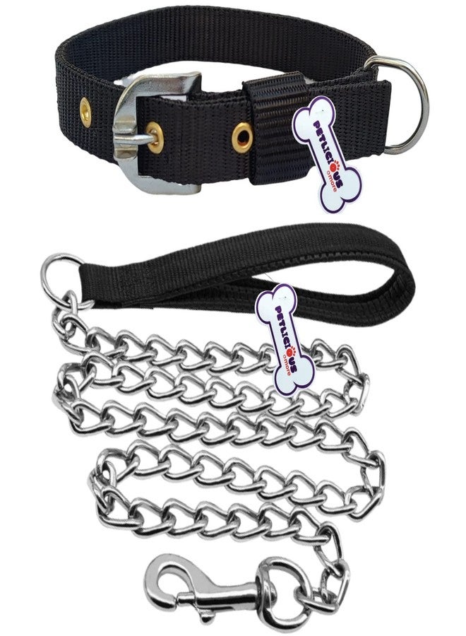 Petlicious & More® 1.25" Inch Thick Large Dog Collar with Dog Handle Chain I Collar Size 16-24 Inch I Handle Chain No. 6 Length 5 ft - Pack of Black Collar with Dog Handle Chain - Image 1